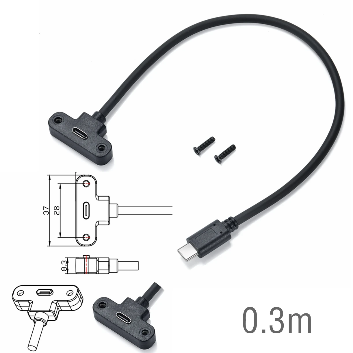 USB-кабель с разъемом type-c и штекером под углом 90 ° для женского стандарта, кабель для зарядки, 1 фут, черный (Type-c M/F) с винтами 0,3 м