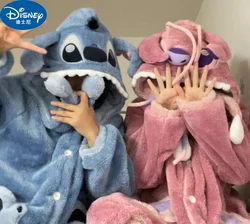 Stitch Disney Robe Stitch Hooded Nightgown Ladies Thickened Warm Cute Women Autumn Winter Kawaii Coral Fleece Casual Clothing