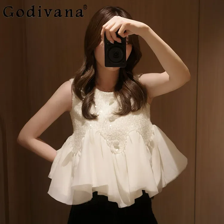 French Elegance Sequined Ruffled Splicing Women's Top Summer New 2026 Lady Japanese Style Fashion Casual Sleeveless Top Camis