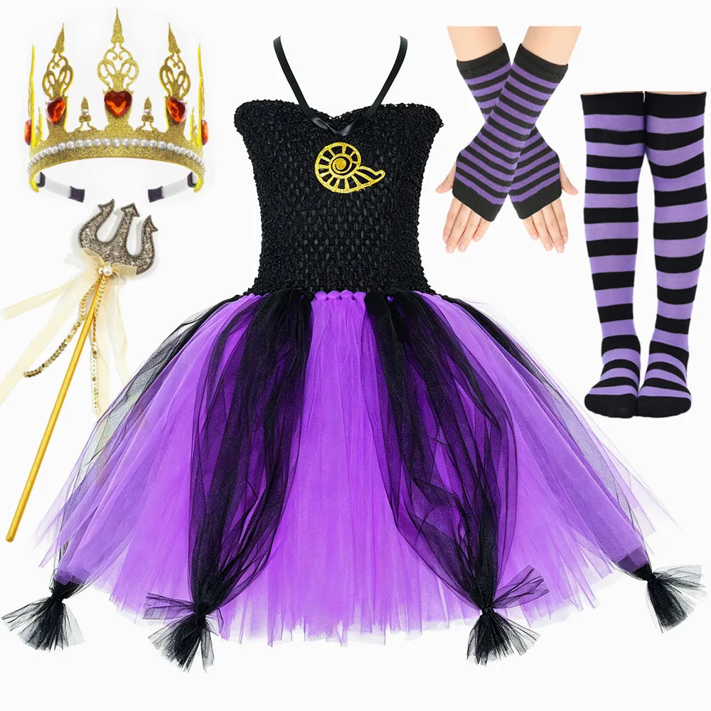 Little Mermaid Ursula Costume Kids Black Purple Octopus Sea Witch Tutu Dress for Girls Halloween Carnival Party Dress Up Outfits