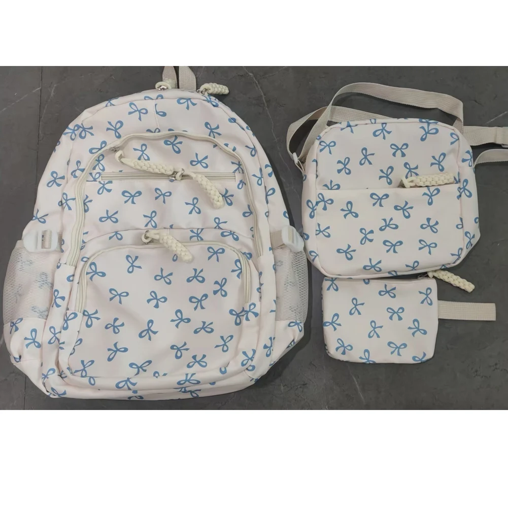 

3Pcs Kawaii Bow Printed Nylon Backpack Set with Sling Bag & (Blue)