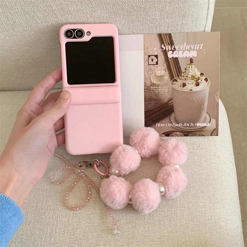 Candy Color Plush Bracelet Phone Cases For Samsung Galaxy Z Flip 3 4 5 6 Z Flip6 ZFlip6 Insert Cards Matte Shockproof Back Cover