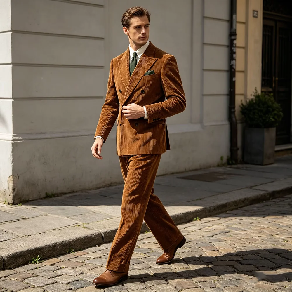 Brown Corduroy Double Breasted Men Suit Peak Lapel Blazer Outfit Double Split Vintage Business Casual Male Retro Two Pieces Set