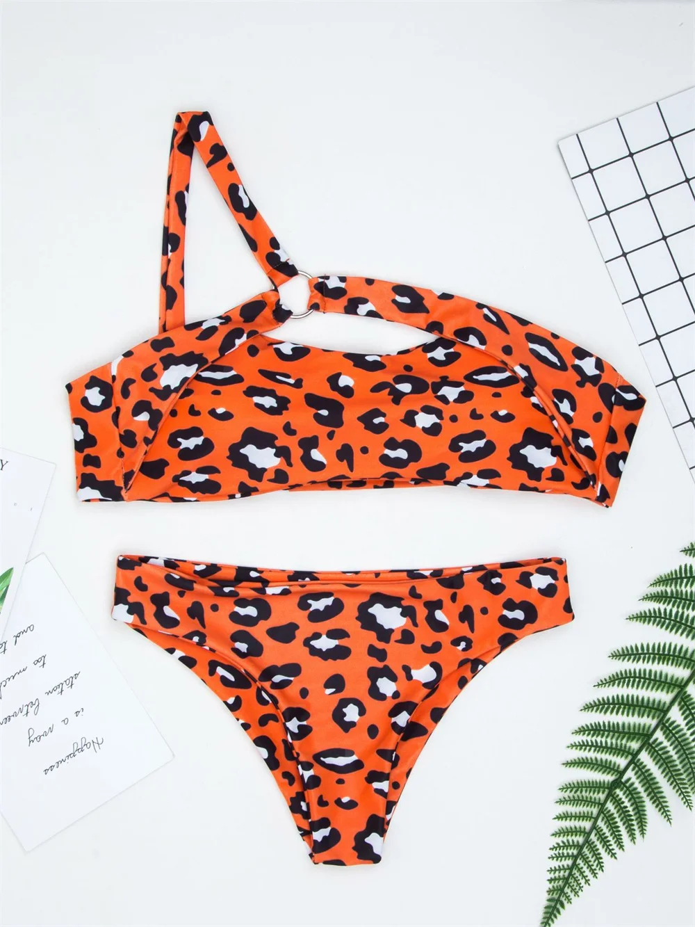 Leopard Swimsuit Rings Bandage Tie Back Hollow Out Bikini One-shoulder Swimwear Women Beach Outfit Bathing Suits Biquinis Tangas