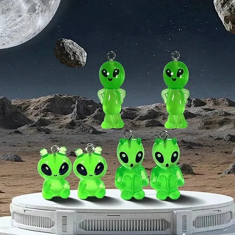 6Pcs Kawaii Funny Alien Resin Pendant Charms Luminous Design DIY Accessories for Necklace Earring Phone Chain & Keyring