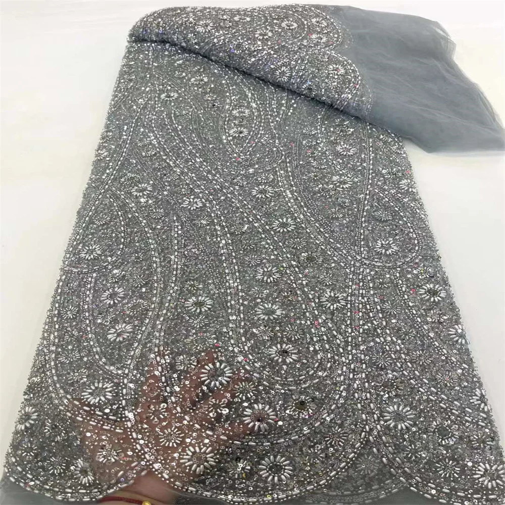 Nuovo tessuto di pizzo africano 2024 tessuto di pizzo a rete francese di alta qualità con perline paillettes tessuti di pizzo nigeriano per abito da sposa