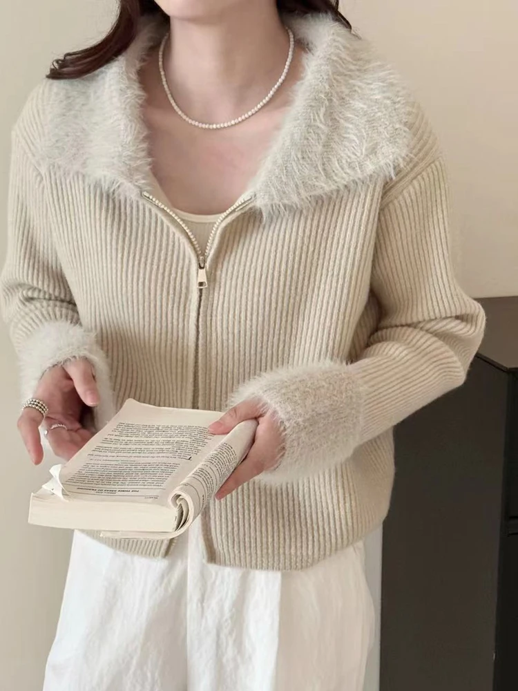 

Вязаный свитер на молнии, женский осенне-зимний облегающий свитер High End Feel, супер милый вязаный открытый кардиган, топ с меховыми недостатками