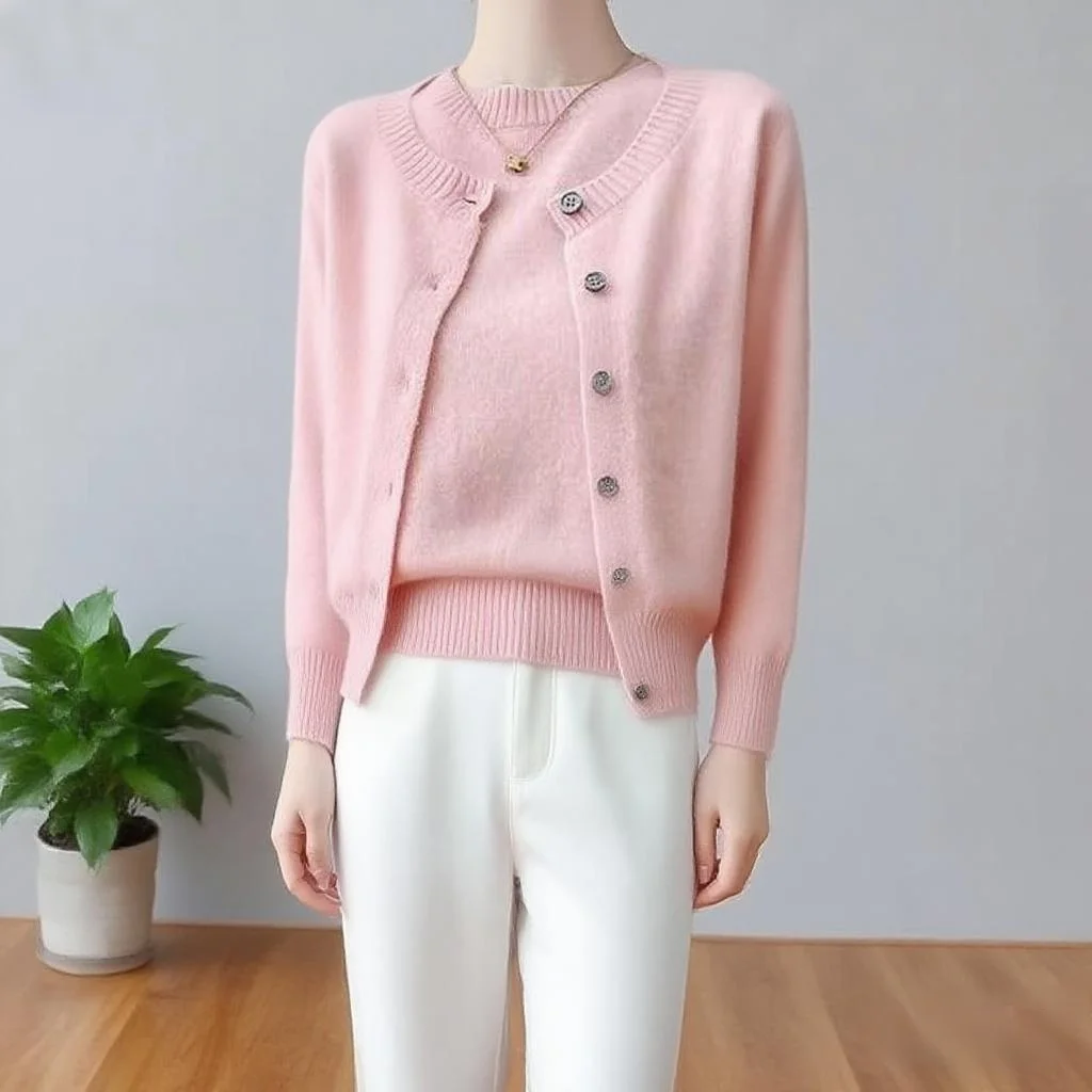 

100% Merino Wool O-Neck Two-Piece Set Woolen Short Sleeves Sweater Long Sleeves Cardigan Pullover Cashmere Soft Clothing Top