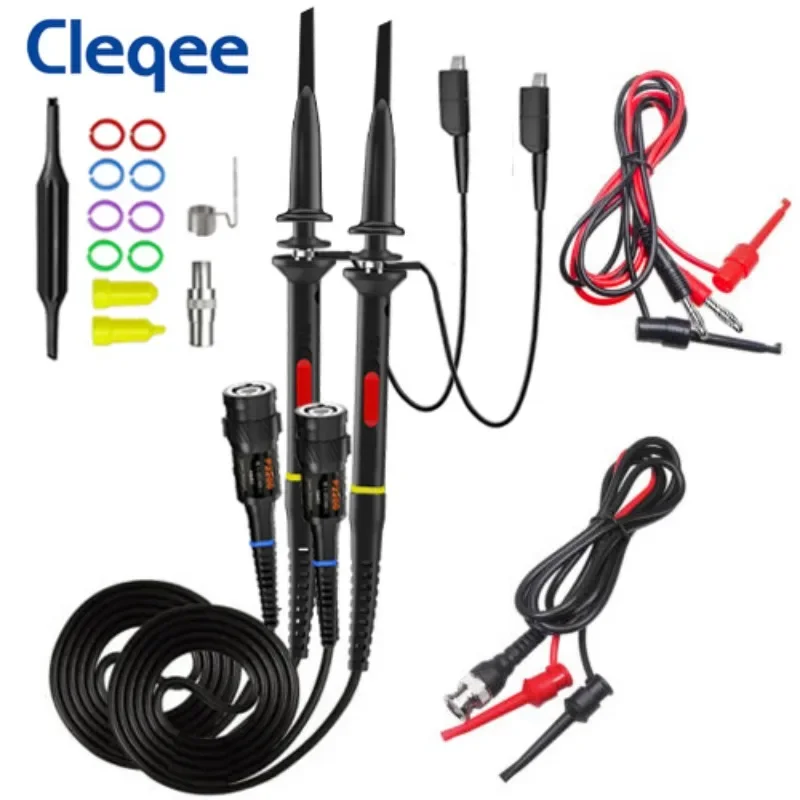 

Cleqee P2200D Oscilloscope Probes 200MHz Insulated + Test Hooks to 4mm Banana Plug Wire Mini Grabber to BNC Coaxial Cables Set