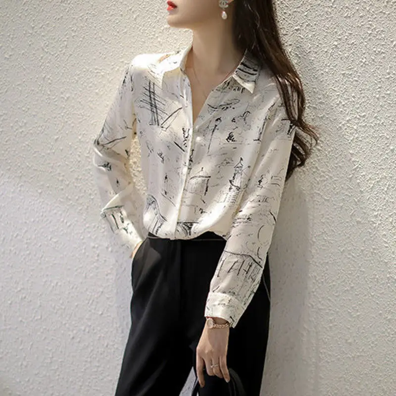 Office Lady Printed Fashion Single-breasted Shirt Chiffon Spring Autumn Casual Loose Women\'s Clothing Polo-Neck All-match Blouse