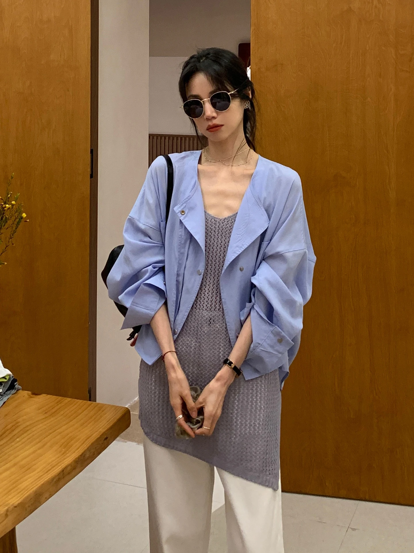 

Korean Style Blue Shirt Jacket Vest Top And Bottom Set Women's Fashion Spring Summer New Arrival Elegant Two-Piece Suit