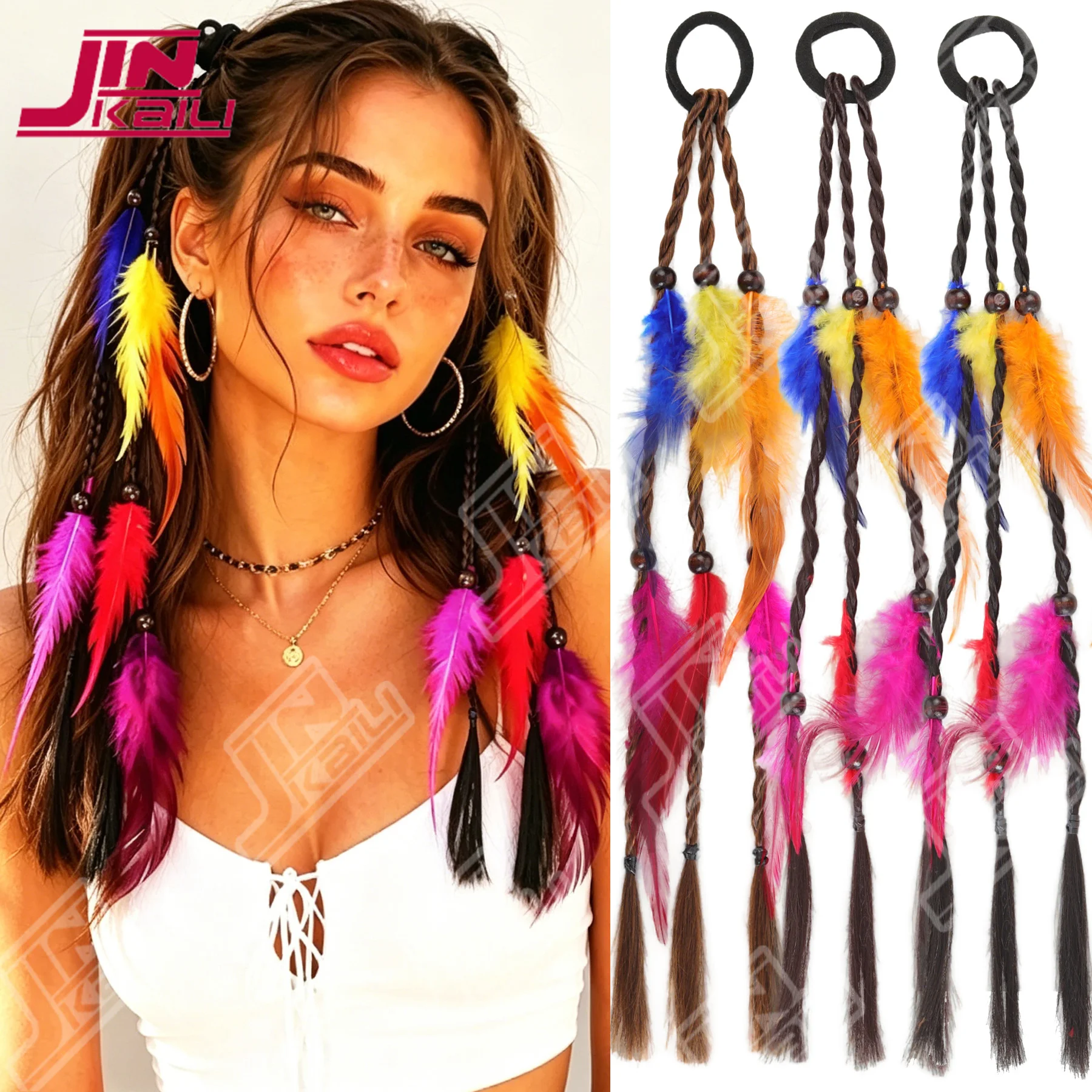 

JKL Handmade Weave Colorful Feather Synthetic Wig Head Wear Headband Hair Accessories Bohemian Tribal Rubber Band Party Wig