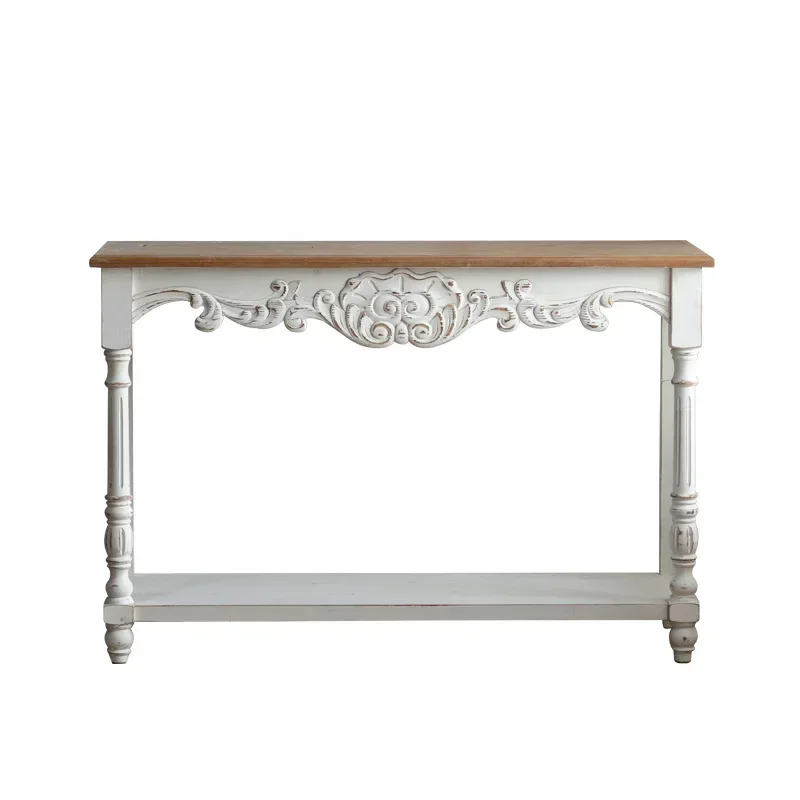 White cream French carved entrance table, old wall table with new products in the living room, home storage table