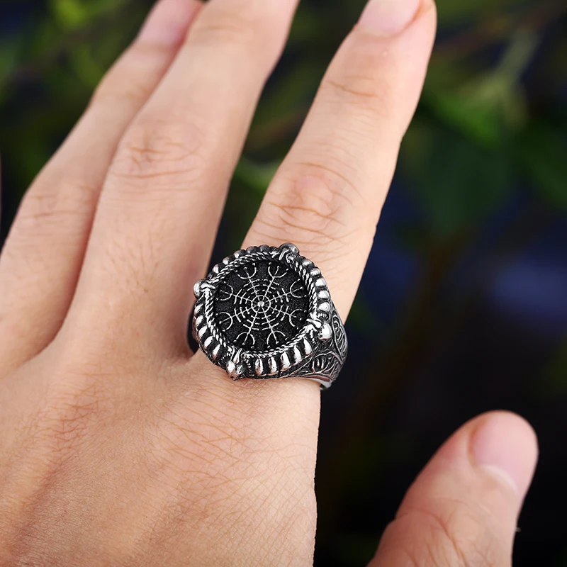 Dropshipping Stainless Steel Viking Compass Runic Statement Rings With Skull Punk Men Vintage Viking  Men Rings Jewelry
