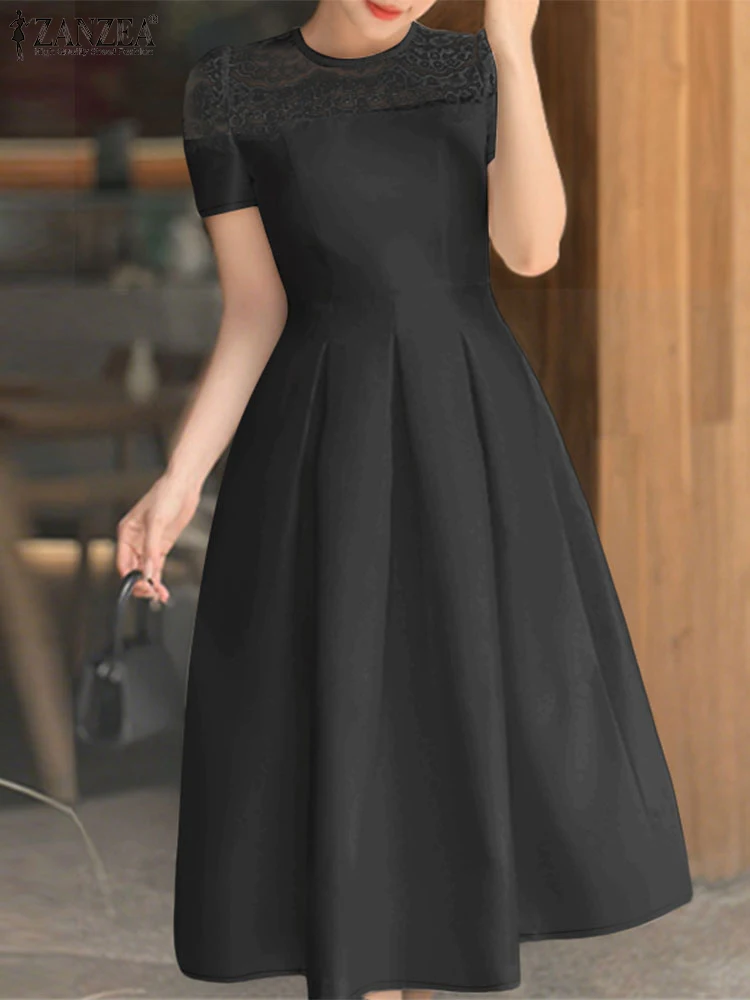 ZANZEA moda encaje Patchwork A-Line Vestidos mujer elegante cuello redondo manga corta cintura alta Midi batas plisadas Vestidos de fiesta