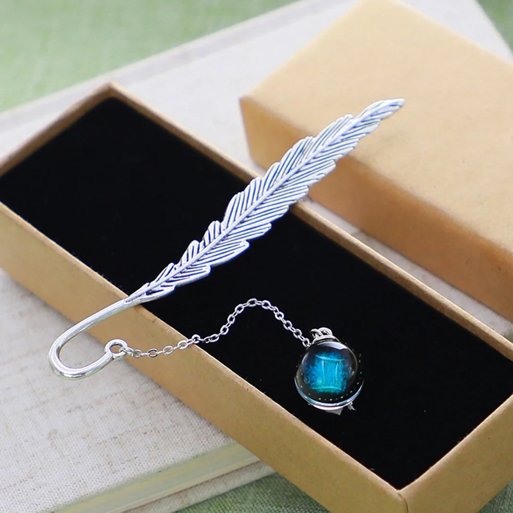 Creative Luminous Bookmark Twelve Constellation Pendant Metal Retro Leaf Pagination Bookmark with Gift Box