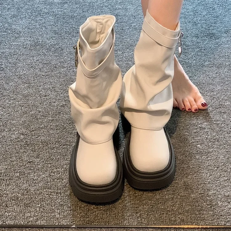 Fashion Buckle Black Ankle Boots for Women Fashion Pu Leather Thick Bottom Combat Boots Woman Thick Slip on Platform Punk Botas