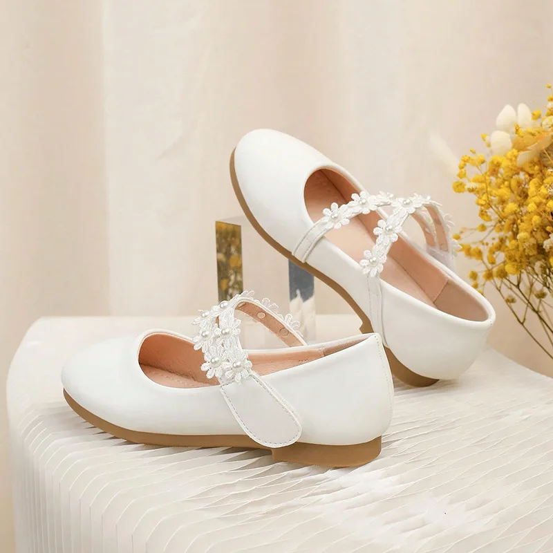 

Kids'Casual Shoes Solid Color Flower Princess PU Leather Bow Spring Shoes For Girls Velcro Anti-slip White Shoes Size 27-36