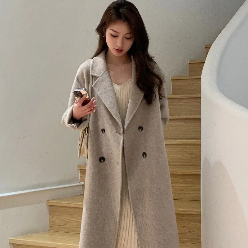 

2024 New Women Winter Woolen Overcoat Oat Color Double-sided Cashmere Coat Mid-length Jacket Loose Cardigan Simple Outwear