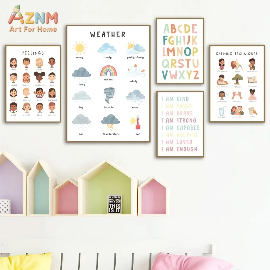 AZNM Pastel Educational Learning Canvas Prints Alphabet Numbers Emotion Weather Positive Affirmation Chart Kids Nursery Playroom