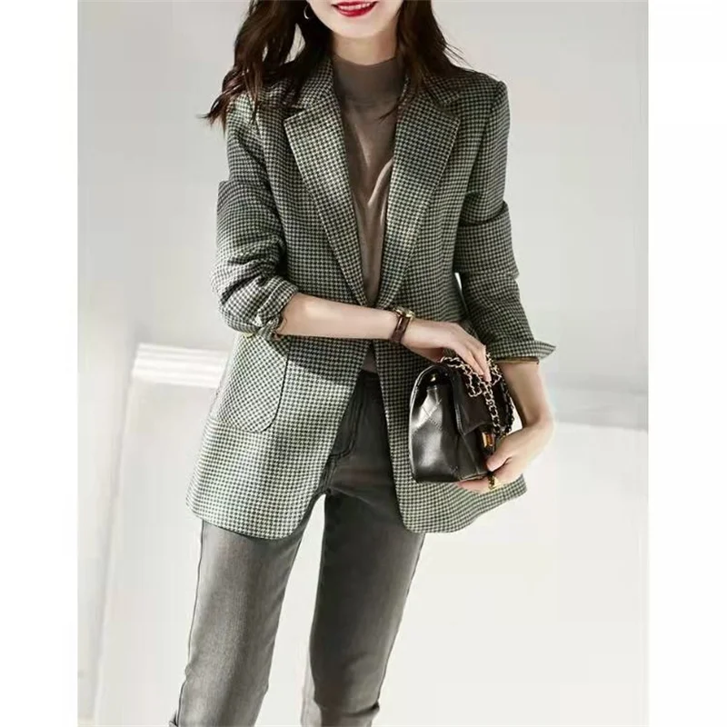 2023 Spring Autumn Winter Women New Fashionable Design Thick Suit British Style Slim Thousand Bird Checker One Button Coat Trend