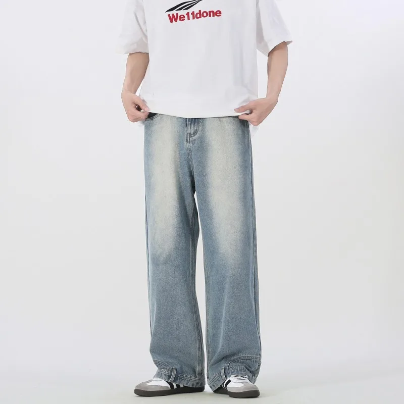 Vintage American Retro Reverse Side Turned Denim Jeans Men Women Couple Straight Wide Leg Baggy Drag Pants Trendy