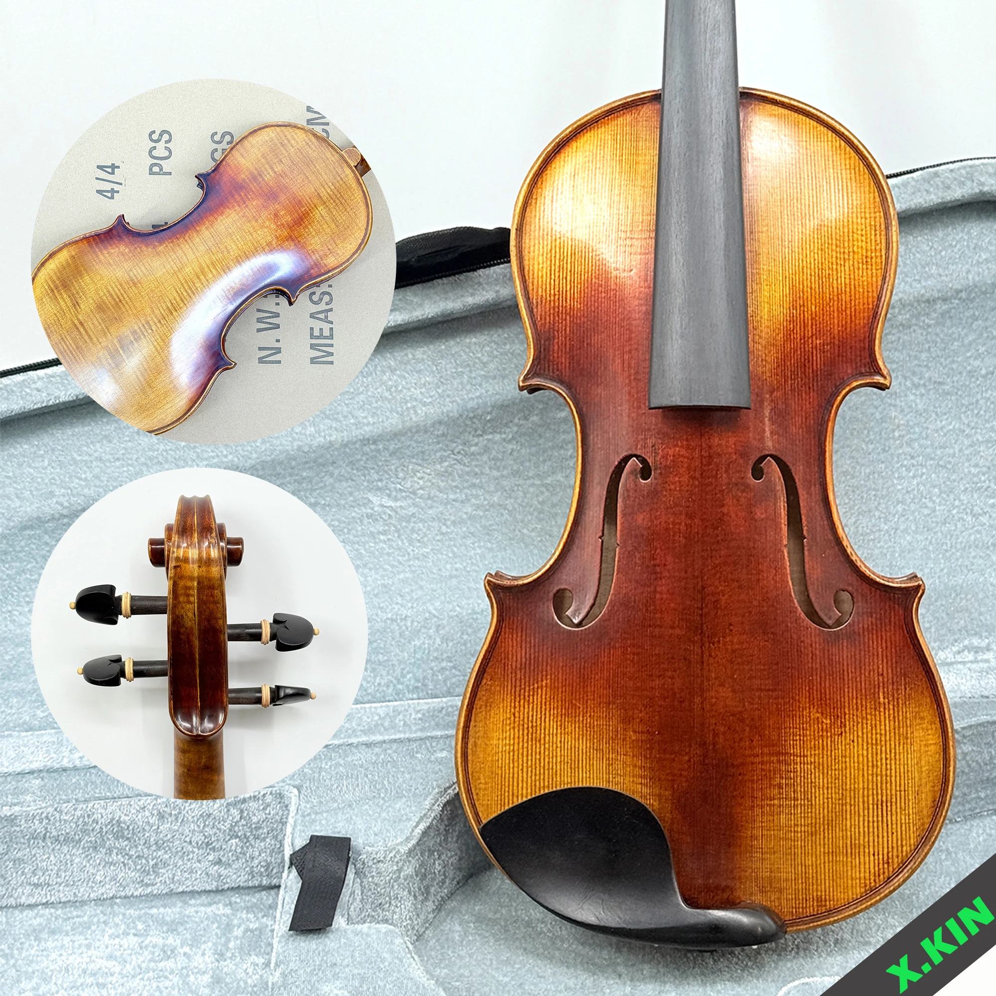

Professional 4/4 Solid Back Handmade Violin Antique Figured Maple, Ebony Fittings Full Set with Case & Bow
