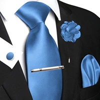 JEMYGINS Blue Solid Wedding Tie For Men Handky Cufflink Brooch Gift Mens Elegant Necktie Fashion Business Party Dropshiping 4