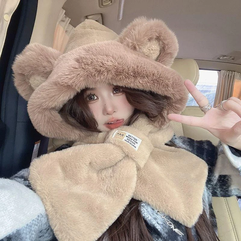 Cute Bear Hat Scarf All-in-one Cold-proof Warm Hooded Scarf Winter Plush Hat Plush Cycling Skiing Warm Ear Protection Hat