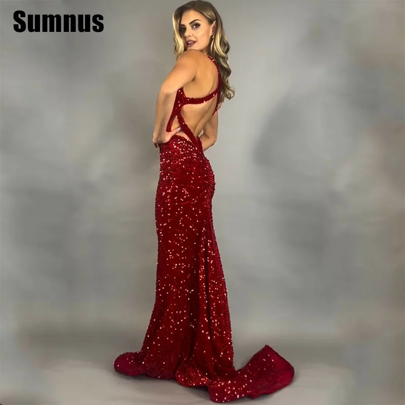 

SUMNUS Sexy Red Mermaid Prom Dress V-Neck Halter Sequin Sleeveless Party Dresses Floor-Length Formal Gowns 2024 Women Customized