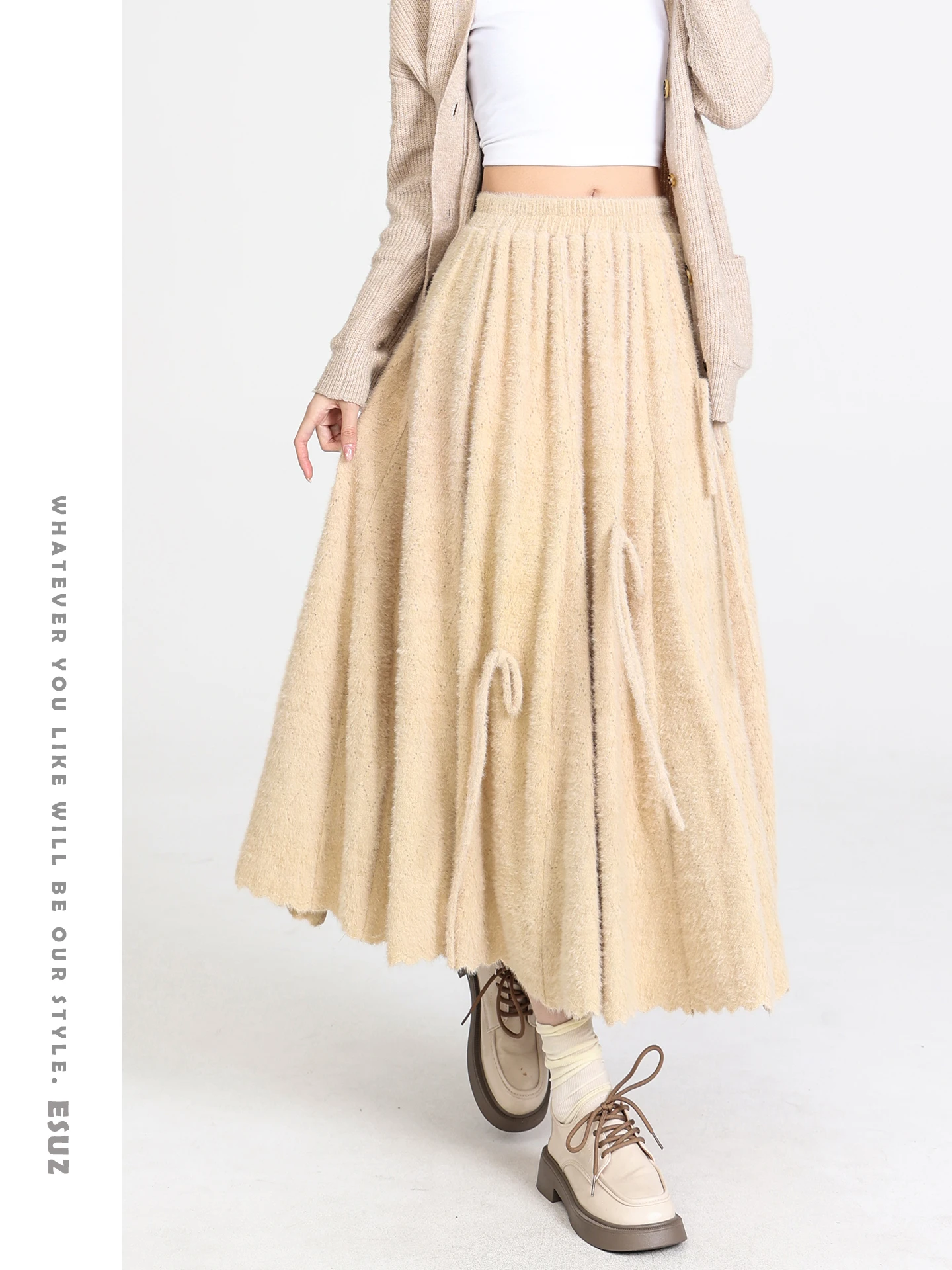 

Утепленная флисовая юбка А-силуэта с кружевом и завязками, женская, с высокой талией, для осени и зимы