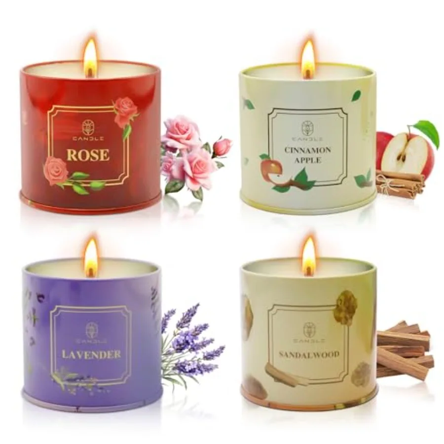 Scented Candles Gift for Women 4 Pack Natural Soy Wax Candles Long Lasting Rose Lavender Sandalwood Apple Cinnamon Fragrance Id