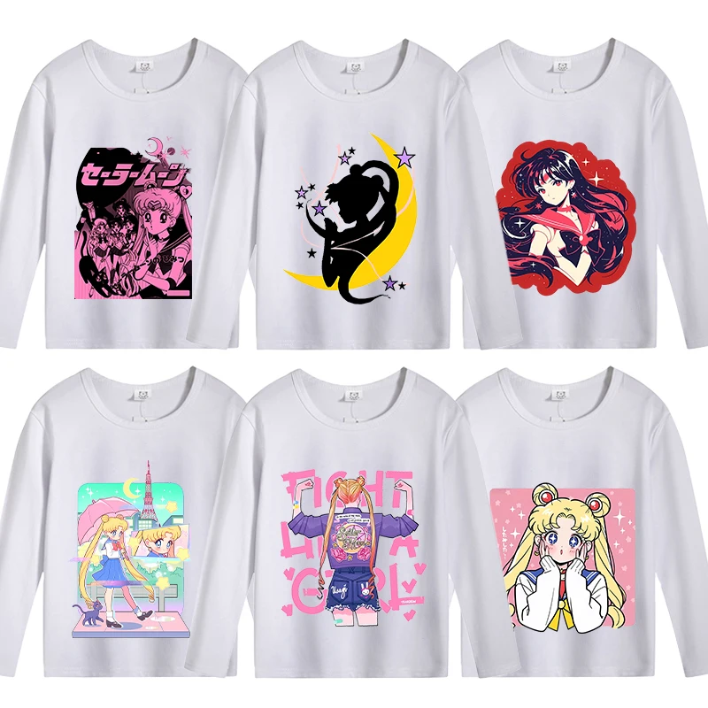 Sailors Moons Girls T-shirt Kawaii Anime Figure Long Sleeve Shirts Loose Casual Children Tops Clothes Kid Home Tee Birthday Gift