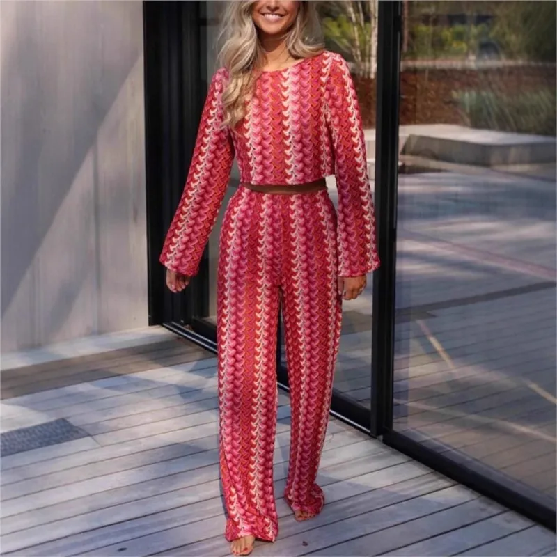 Conjunto de Dos Piezas de Punto Crochet Colorido de Moda Otoñal para Mujer, Top Corto de Manga Larga con Cuello Redondo Informal y Pantalones Anchos Holgados