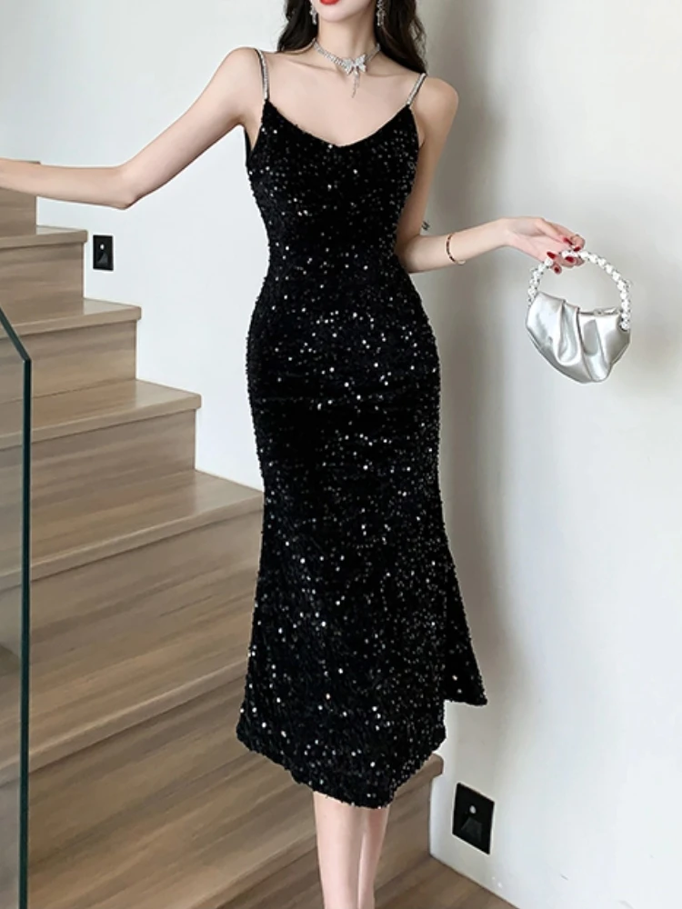 Sexy Women Fashion Casual Sleeveless Party Black Dress Elegant A-Line Prom Evening Club Dresses Female Spaghetti Strap Long Robe