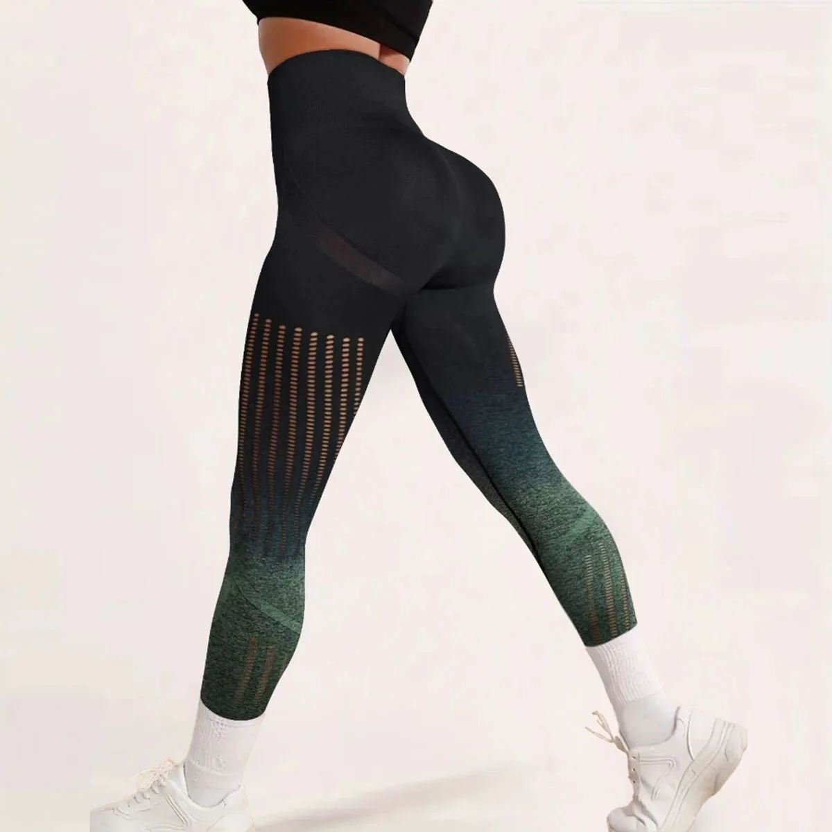 Women Gradient Seamless Yoga Leggings High Waist Scrunch Butt Lift Hollow Cutout Hole Workout Sports Gym Fitness Running Pants