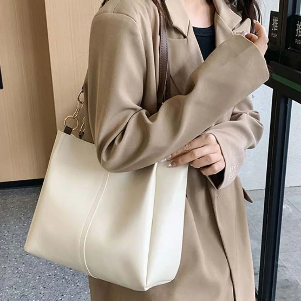 

Solid Color PU Tote Bag Lightweight Magnetic Button Women Shoulder Pouch Handbag Anti-splash Water Large Capacity Commuting Bag