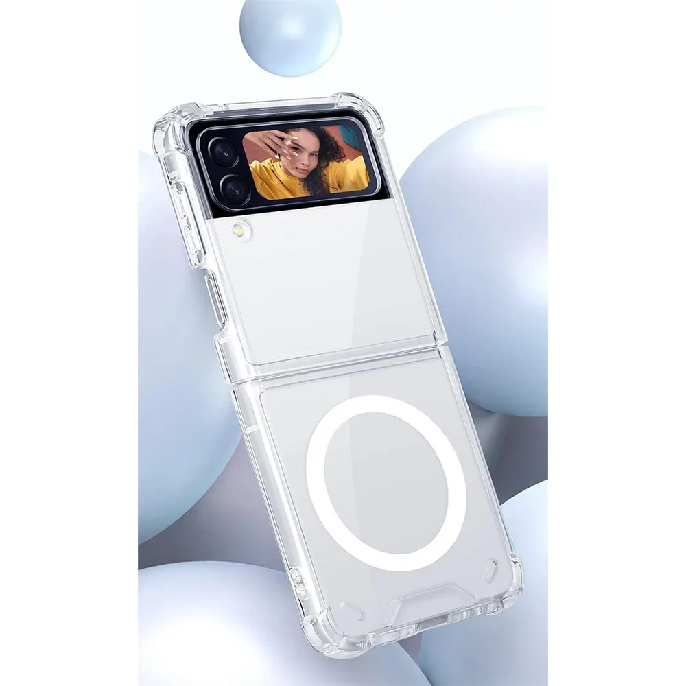 حافظة مغناطيسية شفافة لهاتف سامسونج جالاكسي Z Flip 3/4/5 Magsafe حافظة متينة مبطنة بالهواء تدعم شحن لاسلكي