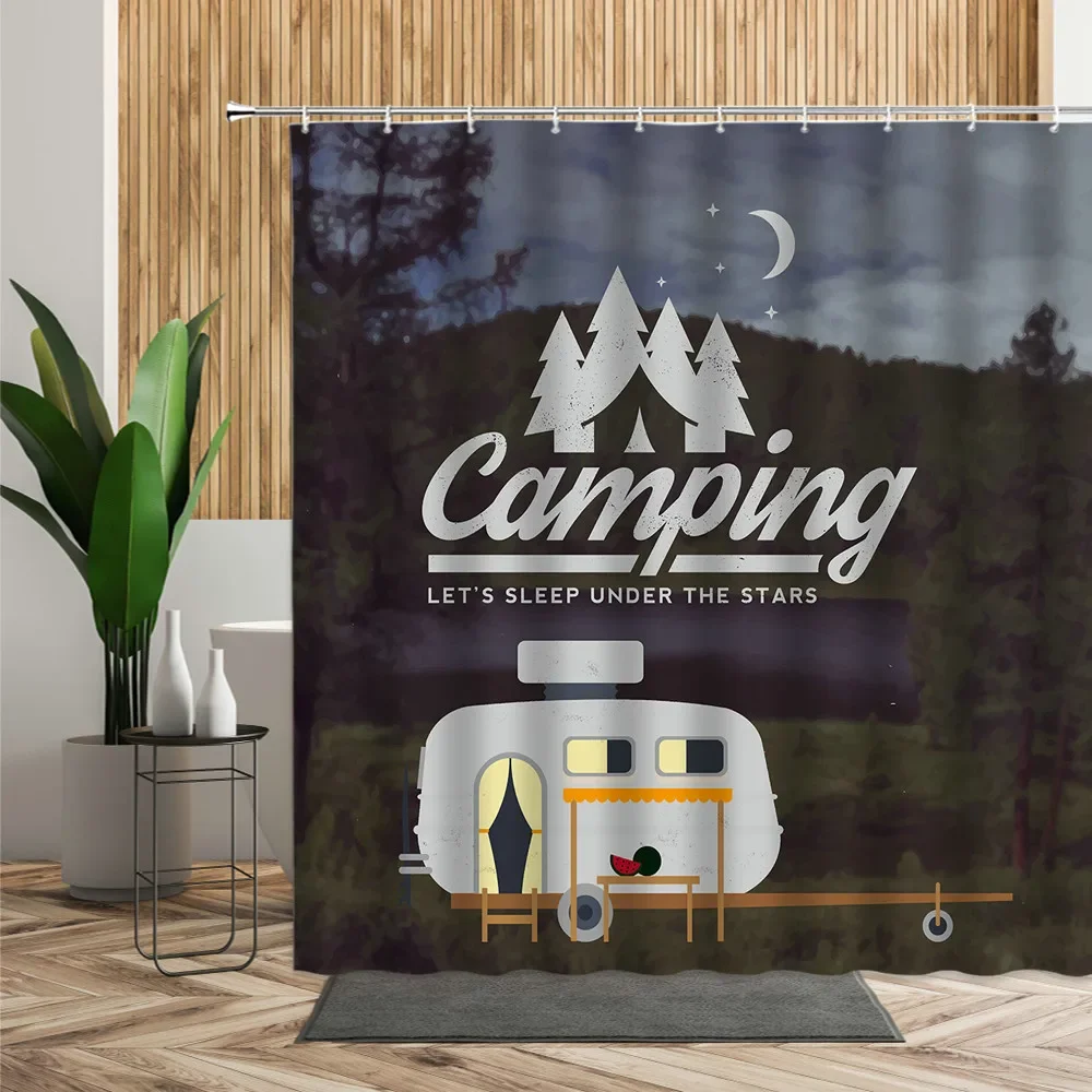 Cortina de ducha con estampado de póster para acampar en el bosque, baño, bañera, gancho decorativo, cortina de la ducha