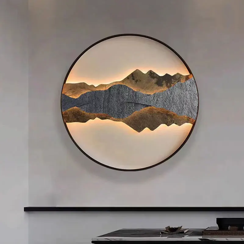 New Chinese style stone mountain relief decoration painting, sofa background wall, rock panel wall lamp, corridor corridor lamp