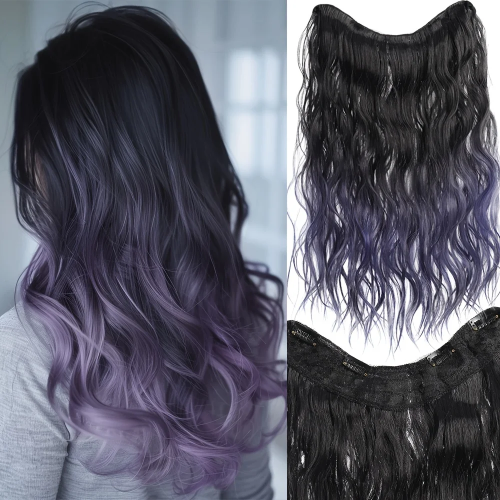 

22Inch Long Synthetic Curly Wavy 4Clip One Piece V-shaped Clip in Hair Extensions Black Light blue Hairpieces for Women