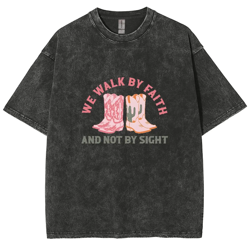 We Walk By Faith Y2K Washed Short Sleeve T-Shirt, Creative Printed Unisex Vintage Streetwear New Fashion Plus Size Casual Tops