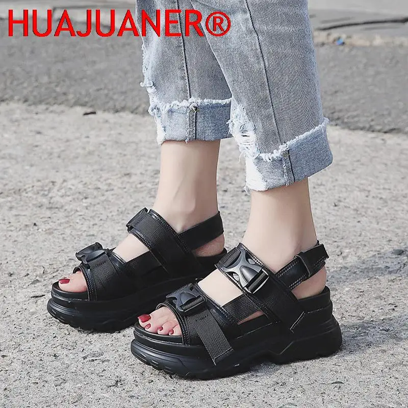 Summer Ladies Sandals Buckle Design Black White Platform Sandals Comfortable Ladies Platform Beach Shoes 35-43