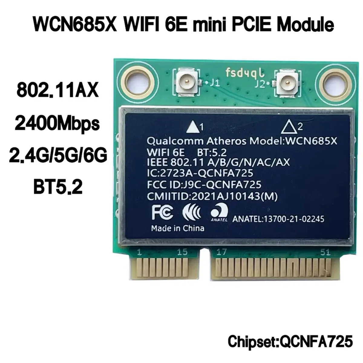 Digital Essentials For WCN685X QCNFA725 NFA725 WIFI6E BT5.2 Mini PCI-E WIFI Card 2400Mbps WIFI Module for Laptop for Win10/Win11