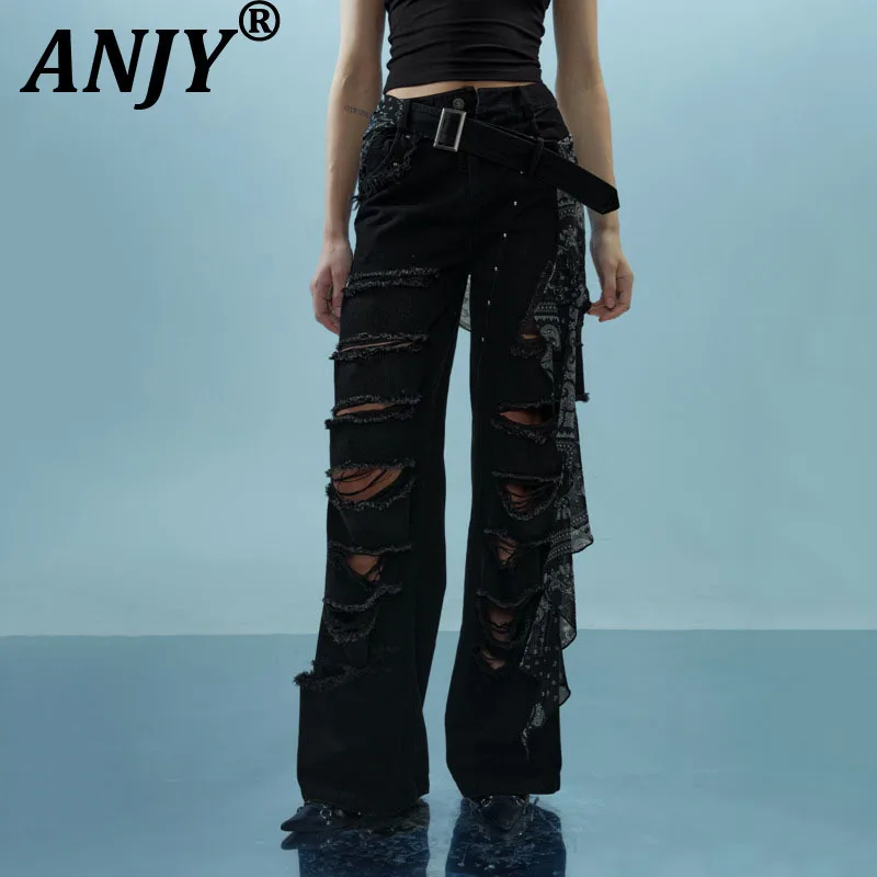 

ANJY Summer New Women's Chic Trendy Y2K Dark Streetwear Vintage Distressed Straight Ripped Jeans Detachable Shirt-extender A7711