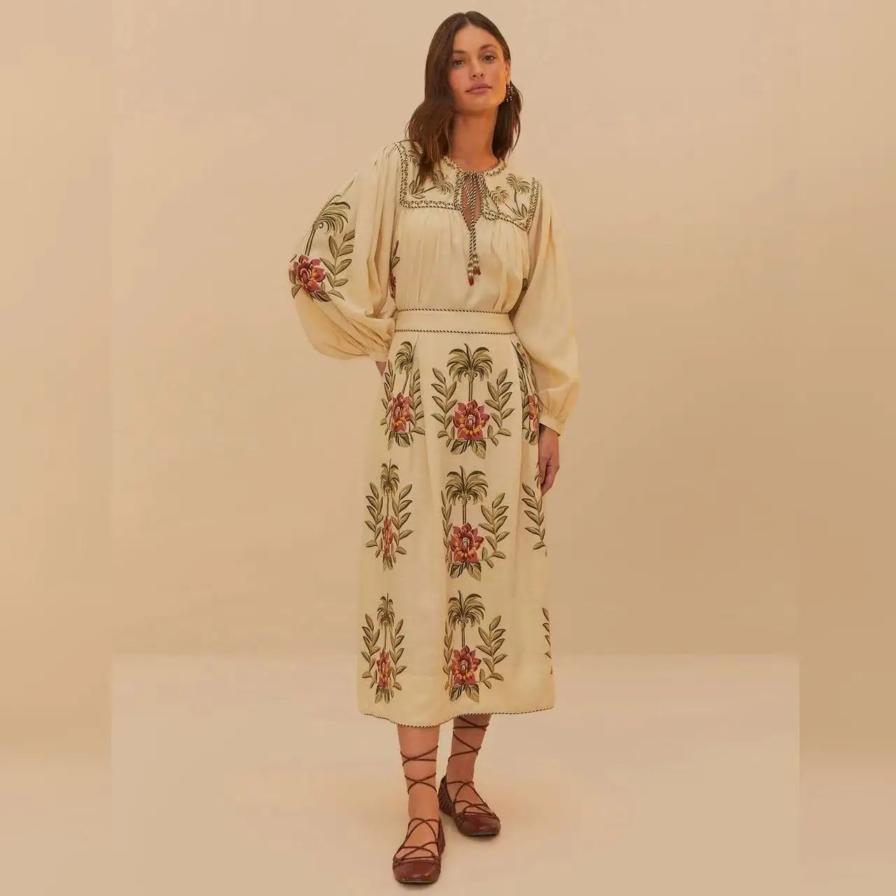 

Romantic Embroidery Shirt Skirt Set French Style Loose Fit Cotton Linen Long Sleeve round Neck Plant Floral Pattern Gown for ...