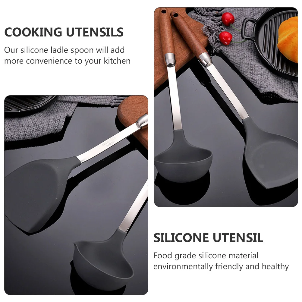 

1Pcs Silicone Soup Ladle Long Handle Stainless Steel Wooden Handle Heat Resistant Cooking Utensil Non Stick Kitchen Gadget Home