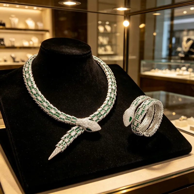 Europe America Style Necklace Bracelet Women Lady Inlay Green Cubic Zircon Snake Snakelike Choker Dinner Party Jewelry Sets