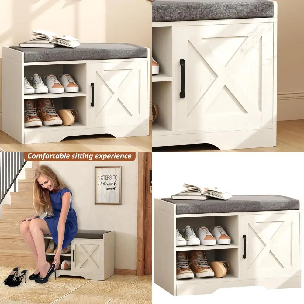 

2-Tier Shoe Storage Bench with Cushioned Seat, Adjustable Shelf, Barn Door, 27.6 Antique White Shoe Rack Cabinet for Entryway or