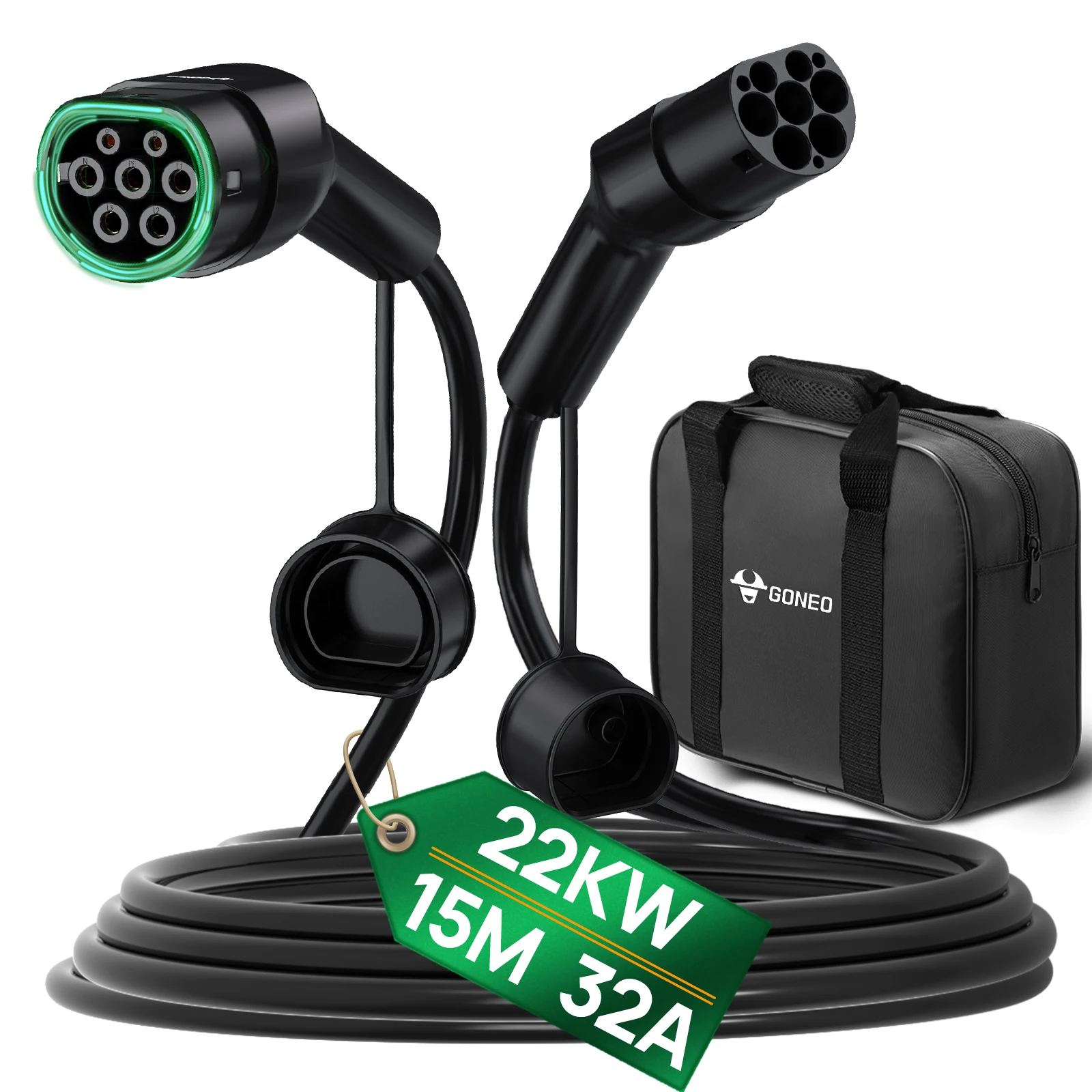 GONEO Type 2 oplaadkabel voor elektrische voertuigen – 22 kW/11 kW/7,2 kW voor elektrische voertuigen en plug-in hybriden, TÜV-gecertificeerd, IP54, 4 lengtes (5/7/10/15 m), PA66+TPU, brandvertragend.